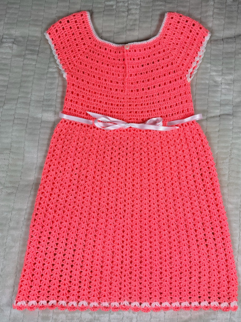 Handmade Crochet Girls Dress Pink Coral Cottagecore Heirloom Flower Ribbon - Picture 7 of 12
